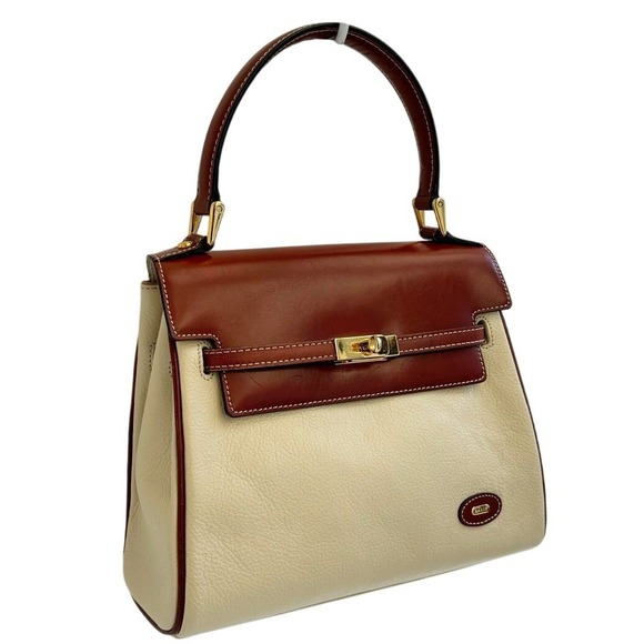 Bally Handbags - Bally Two Tone Leather Top Handle Kelly Satchel Bag Cream Brown Turnlock Vintage